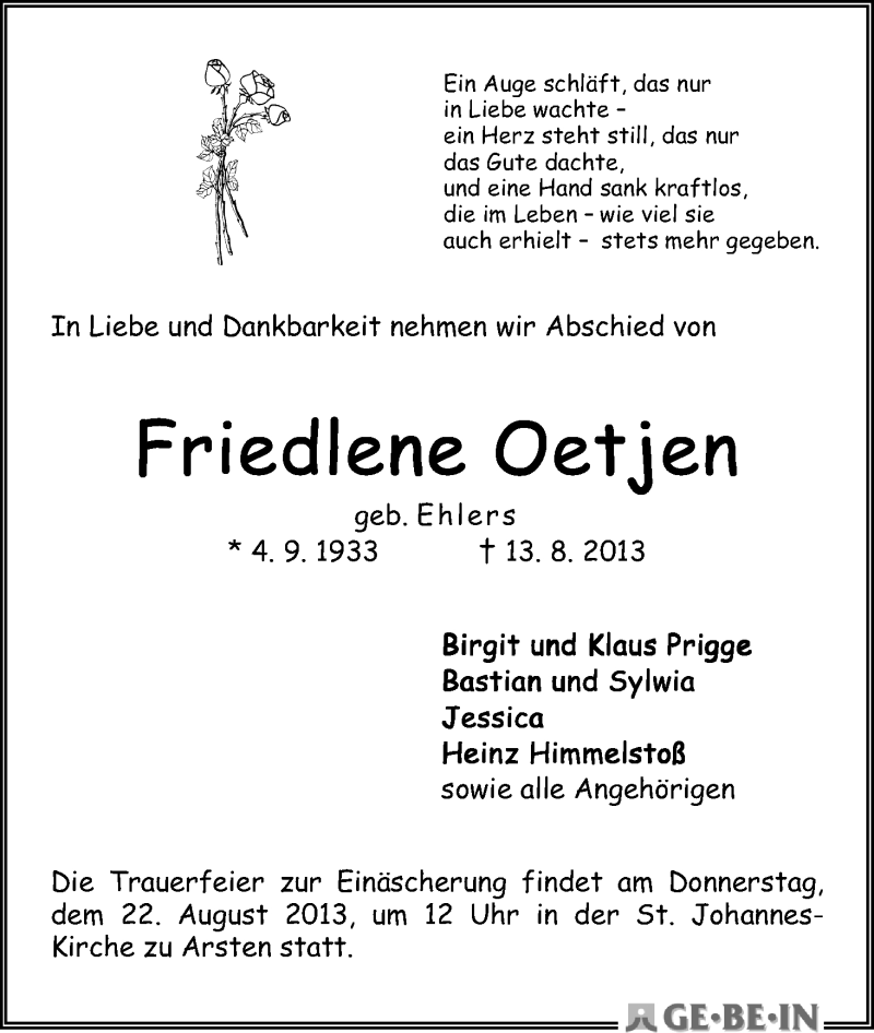 Traueranzeige von Friedlene Oetjen von WESER-KURIER