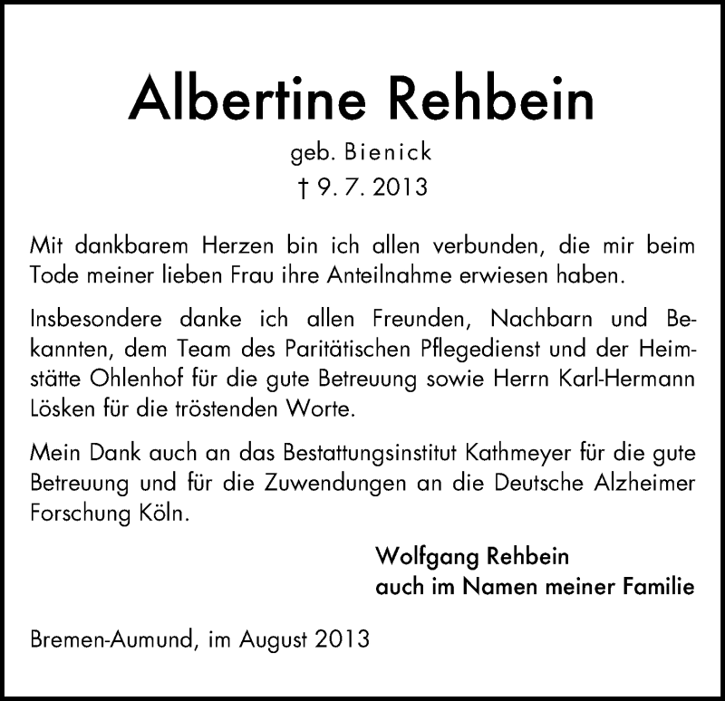 Traueranzeige von Albertine Rehbein von WESER-KURIER