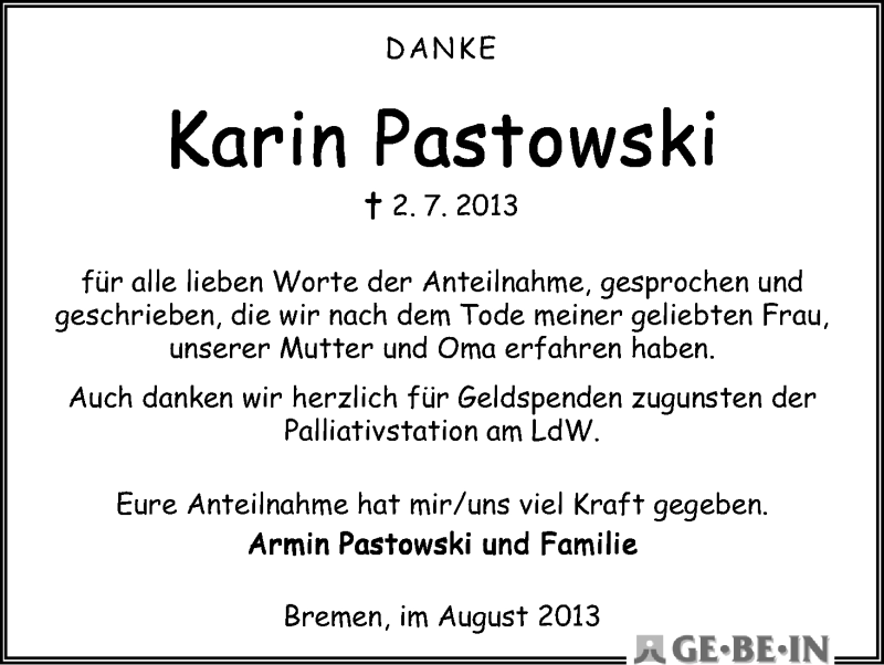Traueranzeige von Karin Pastowski von WESER-KURIER