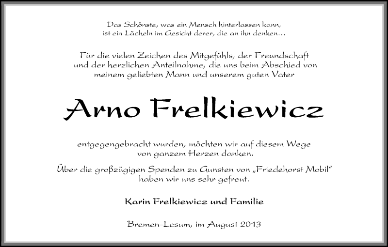 Traueranzeige von Arno Frelkiewicz von WESER-KURIER