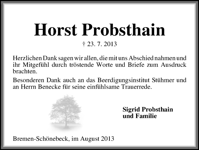 Traueranzeige von Horst Probsthain von WESER-KURIER