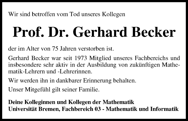 Traueranzeige von Gerhard Becker von WESER-KURIER