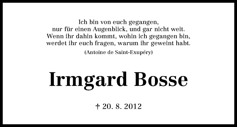 Traueranzeige von Irmgard Bosse von WESER-KURIER