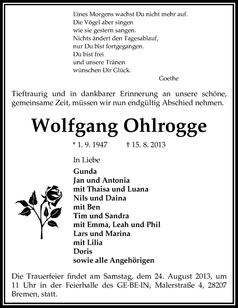 Traueranzeige von Wolfgang Ohlrogge von WESER-KURIER