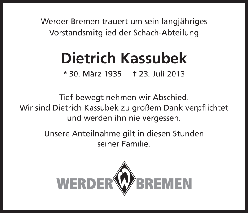 Traueranzeige von Dietrich Kassubek von WESER-KURIER