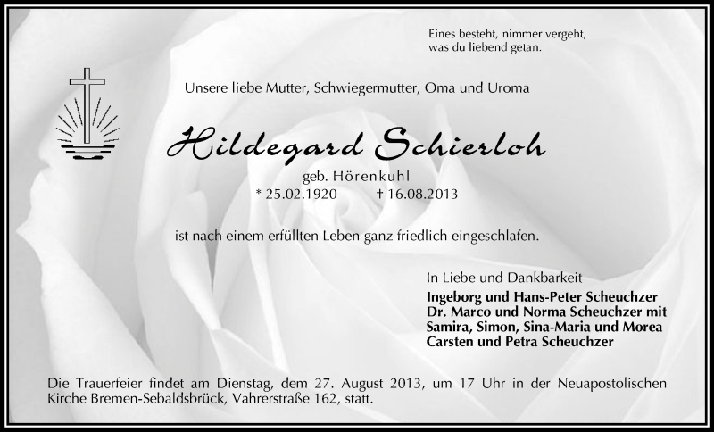 Traueranzeige von Hildegard Schierloh von WESER-KURIER