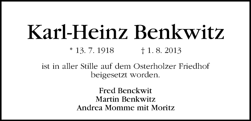 Traueranzeige von Karl-Heinz Benkwitz von WESER-KURIER