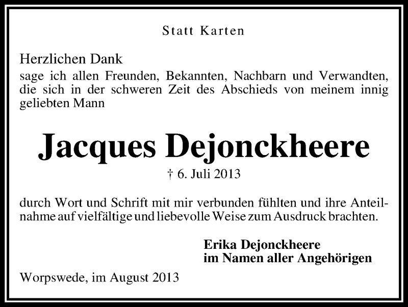 Traueranzeige von Jacques Dejonckheere von WESER-KURIER