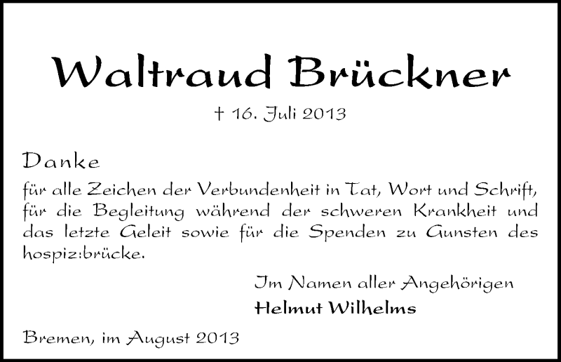 Traueranzeige von Waltraud Brückner von WESER-KURIER