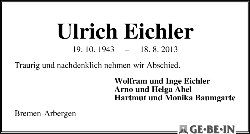 Traueranzeige von Ulrich Eichler von WESER-KURIER
