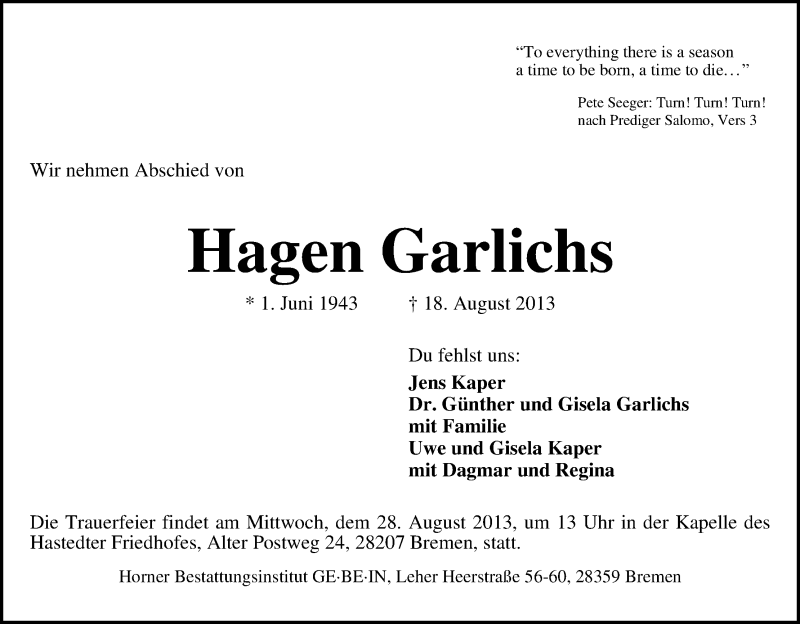 Traueranzeige von Hagen Garlichs von WESER-KURIER