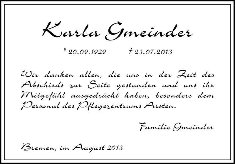 Traueranzeige von Karla Gmeinder von WESER-KURIER
