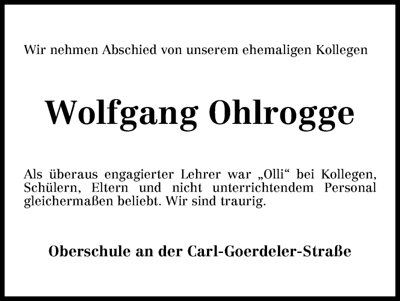Traueranzeige von Wolfgang Ohlrogge von WESER-KURIER