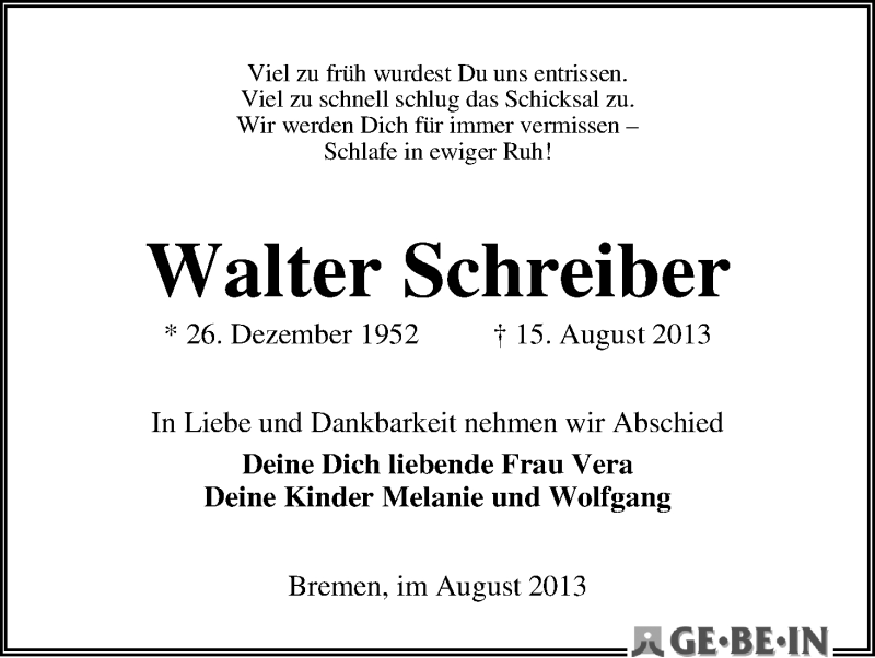 Traueranzeige von Walter Schreiber von WESER-KURIER