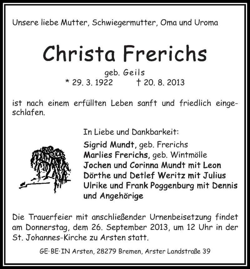 Traueranzeige von Christa Frerichs von WESER-KURIER