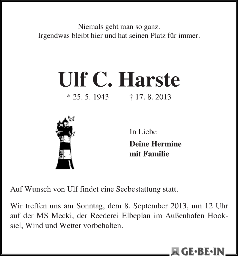 Traueranzeige von Ulf Harste von WESER-KURIER