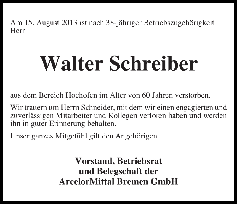 Traueranzeige von Walter Schreiber von WESER-KURIER