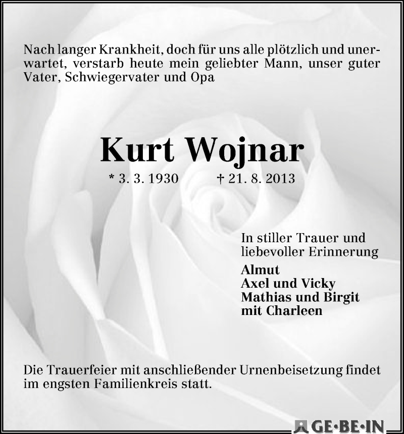 Traueranzeige von Kurt Wojnar von WESER-KURIER
