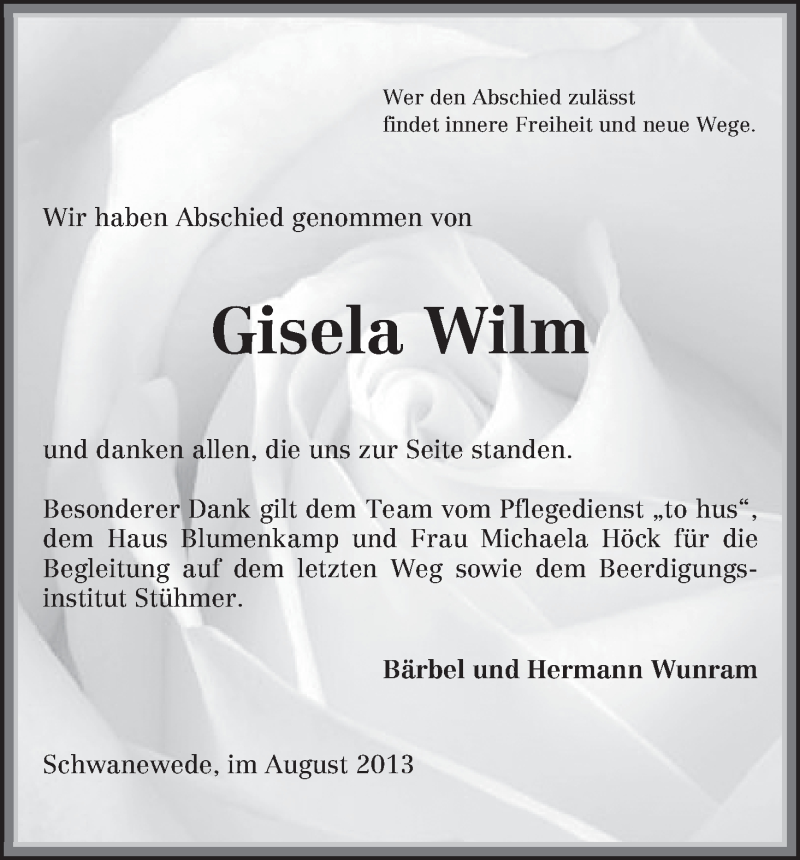Traueranzeige von Gisela Wilm von WESER-KURIER