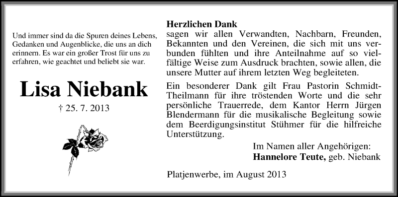 Traueranzeige von Lisa Niebank von WESER-KURIER