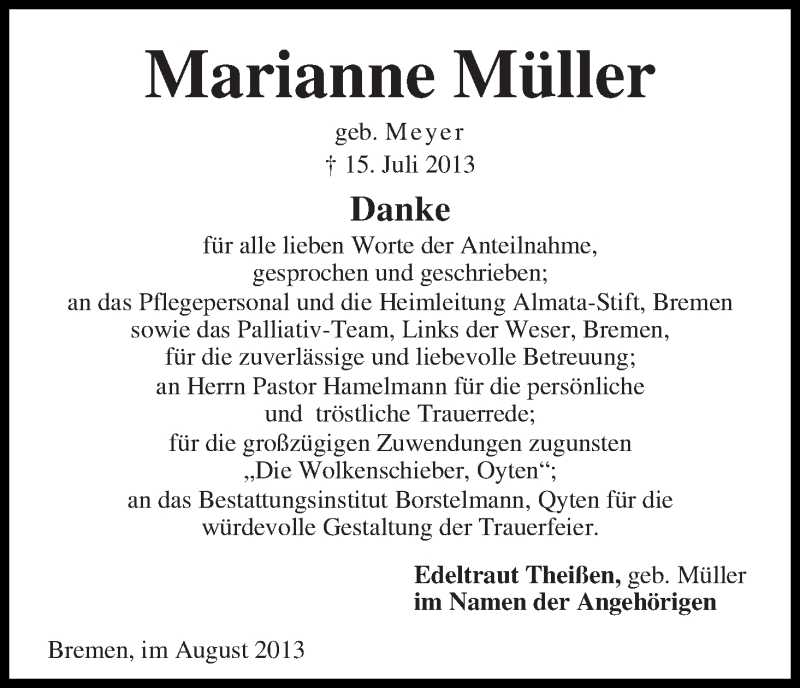 Traueranzeige von Marianne Müller von WESER-KURIER