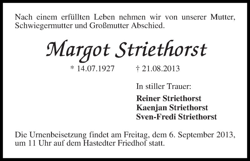 Traueranzeige von Margot Striethorst von WESER-KURIER