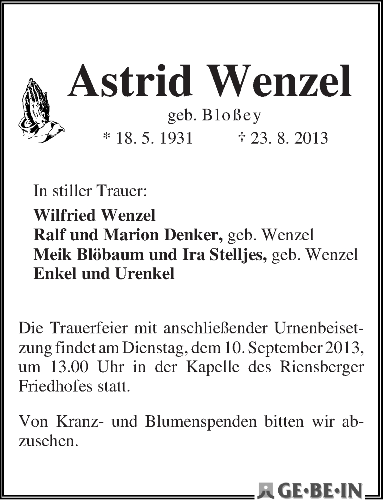 Traueranzeige von Astrid Wenzel von WESER-KURIER