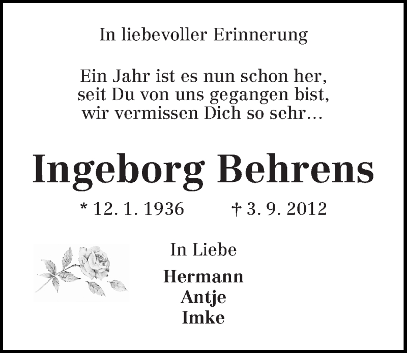 Traueranzeige von Ingeborg Behrens von WESER-KURIER