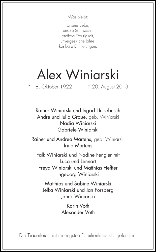 Traueranzeige von Alex Winiarski von WESER-KURIER