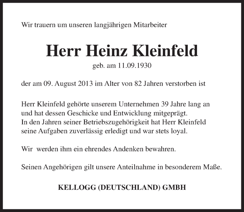 Traueranzeige von Heinz Kleinfeld von WESER-KURIER