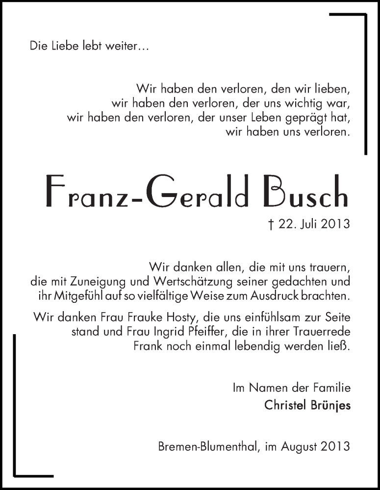 Traueranzeige von Franz-Gerald Busch von WESER-KURIER