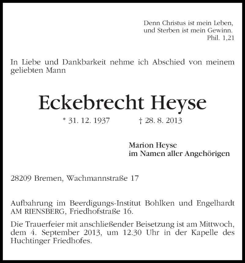 Traueranzeige von Eckebrecht Heyse von WESER-KURIER
