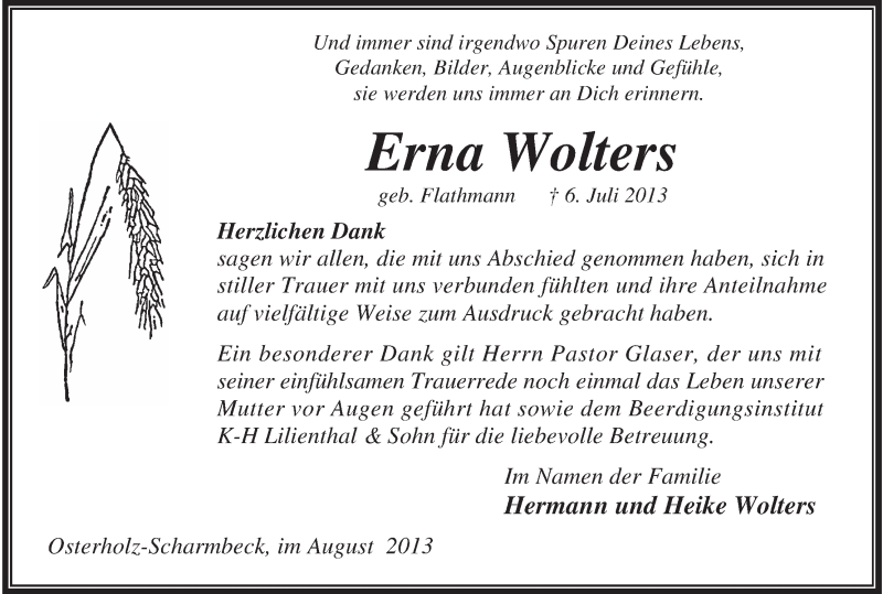 Traueranzeige von Erna Wolters von WESER-KURIER
