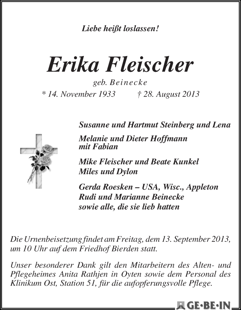 Traueranzeige von Erika Fleischer von WESER-KURIER