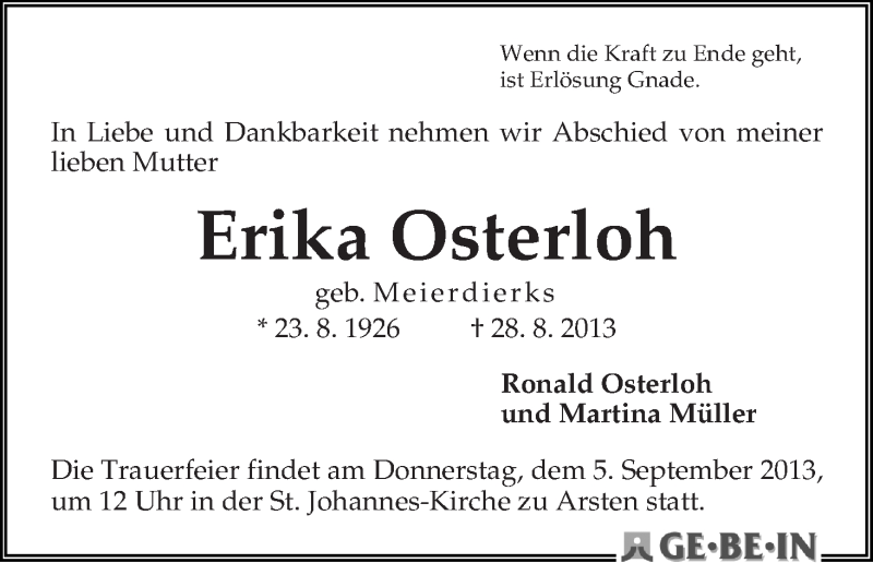 Traueranzeige von Erika Osterloh von WESER-KURIER