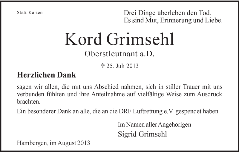 Traueranzeige von Kord Grimsehl von WESER-KURIER