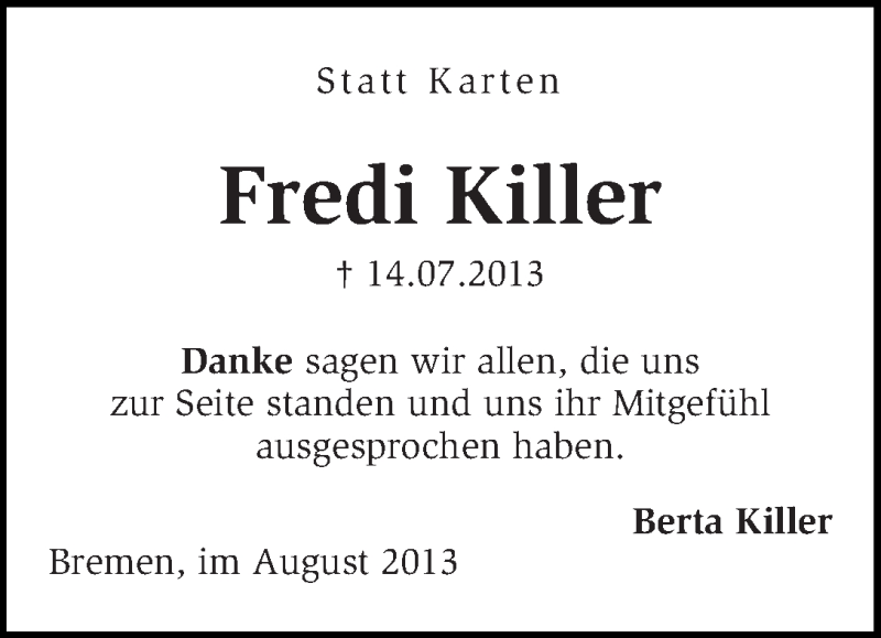 Traueranzeige von Fredi Killer von WESER-KURIER