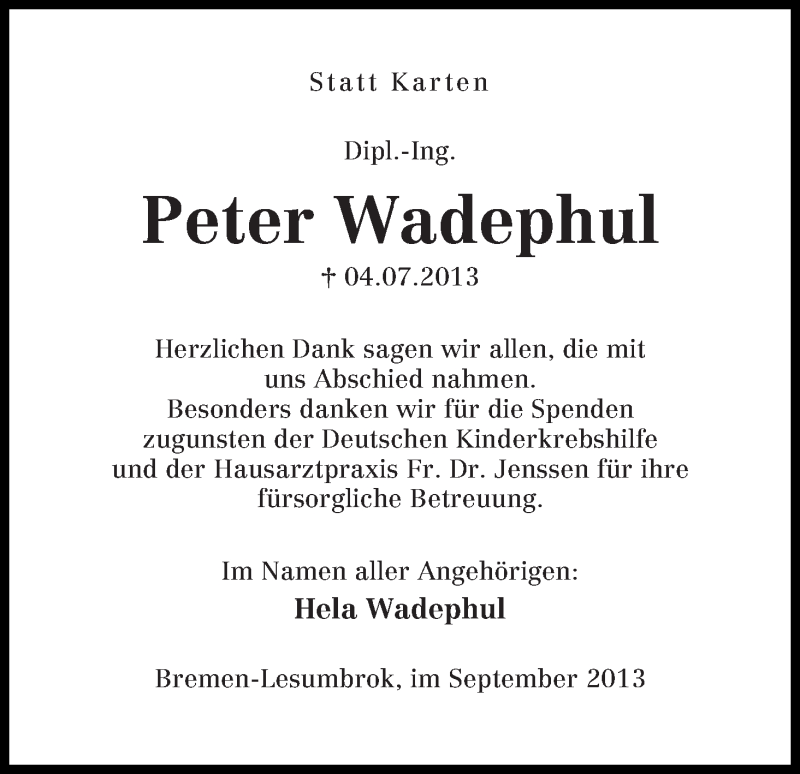 Traueranzeige von Peter Wadephul von WESER-KURIER