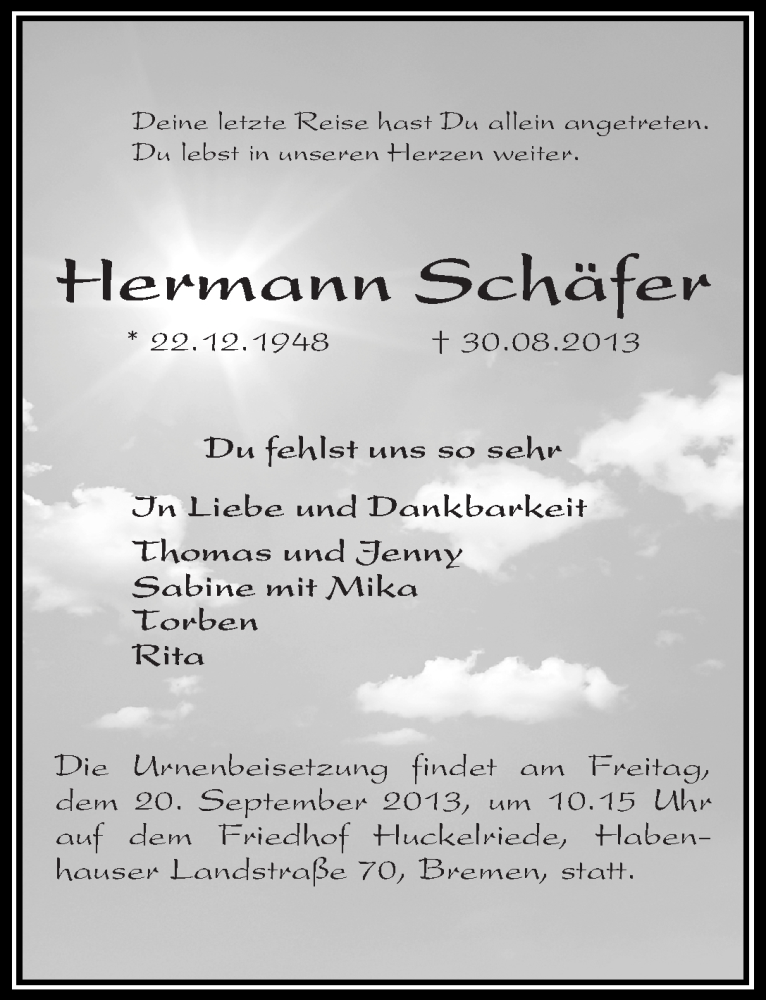 Traueranzeige von Hermann Schäfer von WESER-KURIER