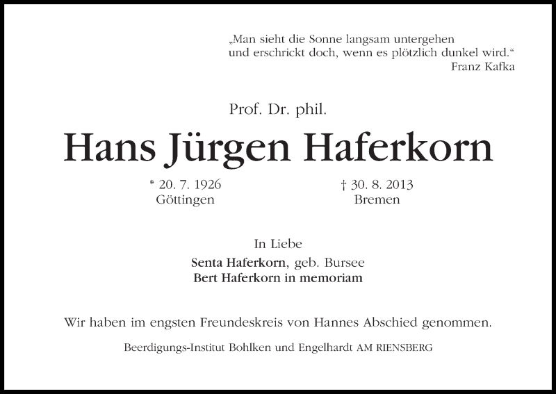 Traueranzeige von Hans Jürgen Haferkorn von WESER-KURIER