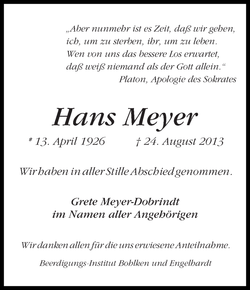 Traueranzeige von Hans Meyer von WESER-KURIER