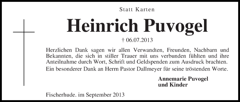 Traueranzeige von Heinrich Puvogel von WESER-KURIER