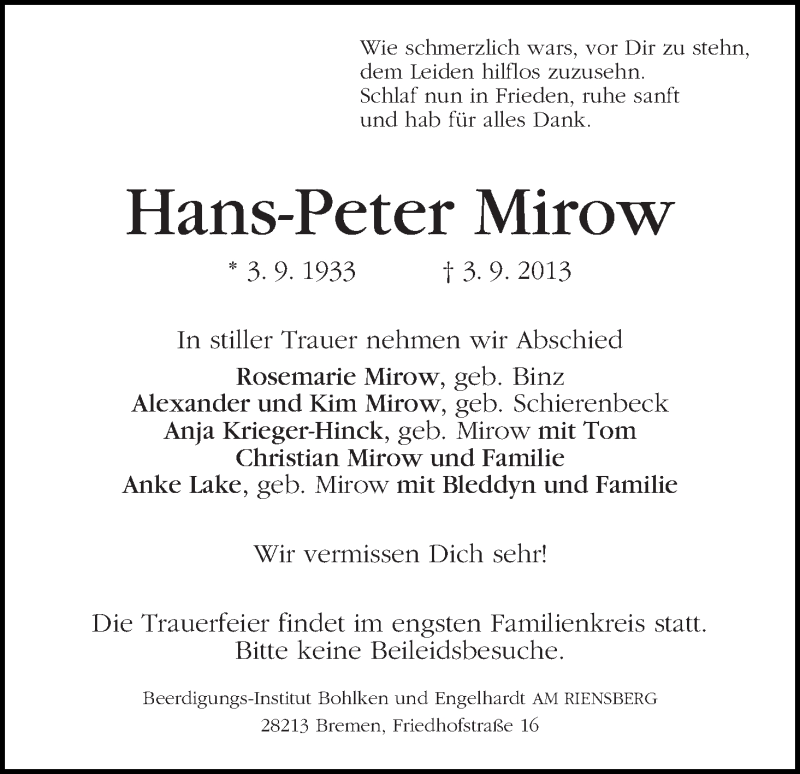 Traueranzeige von Hans-Peter Mirow von WESER-KURIER