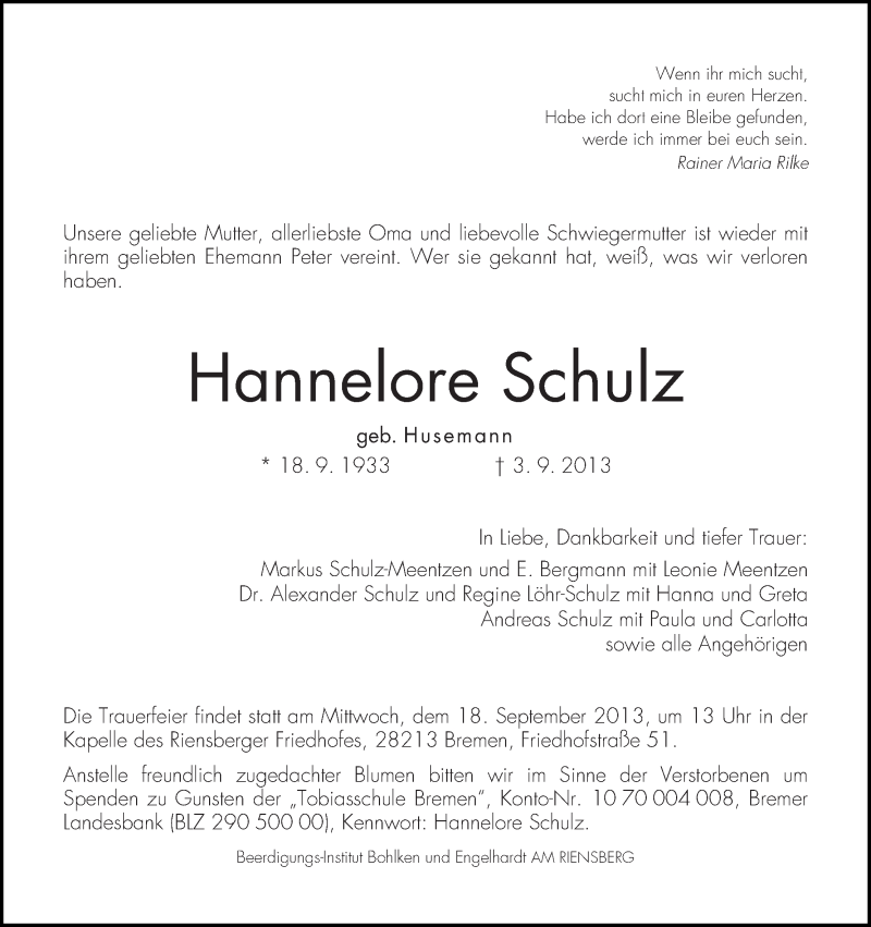 Traueranzeige von Hannelore Schulz von WESER-KURIER