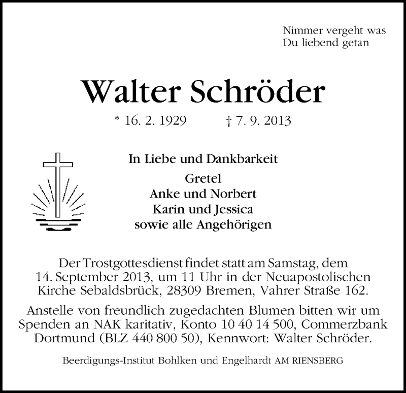 Traueranzeige von Walter Schröder von WESER-KURIER