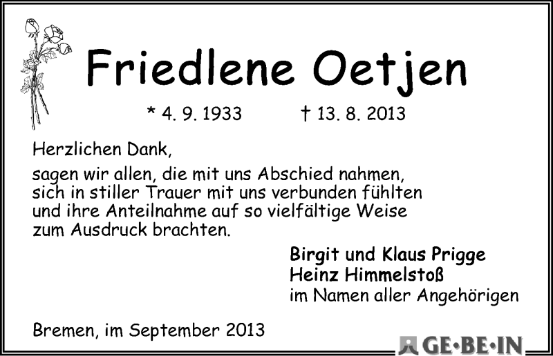 Traueranzeige von Friedlene Oetjen von WESER-KURIER