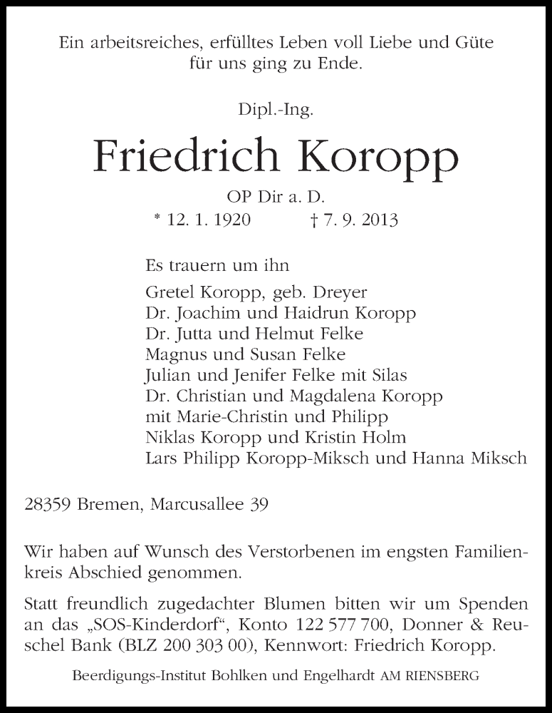 Traueranzeige von Friedrich Koropp von WESER-KURIER