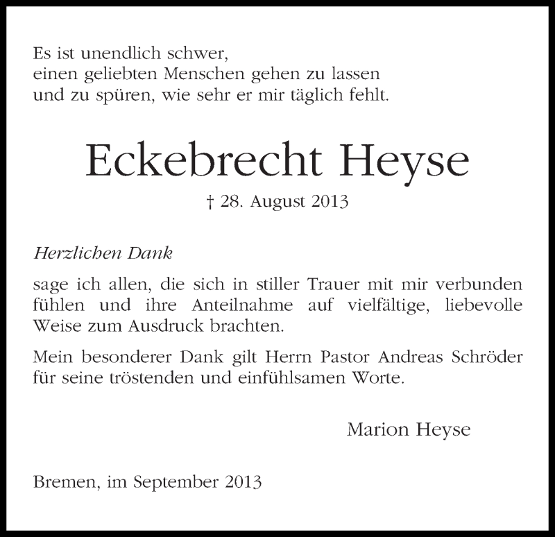 Traueranzeige von Eckebrecht Heyse von WESER-KURIER