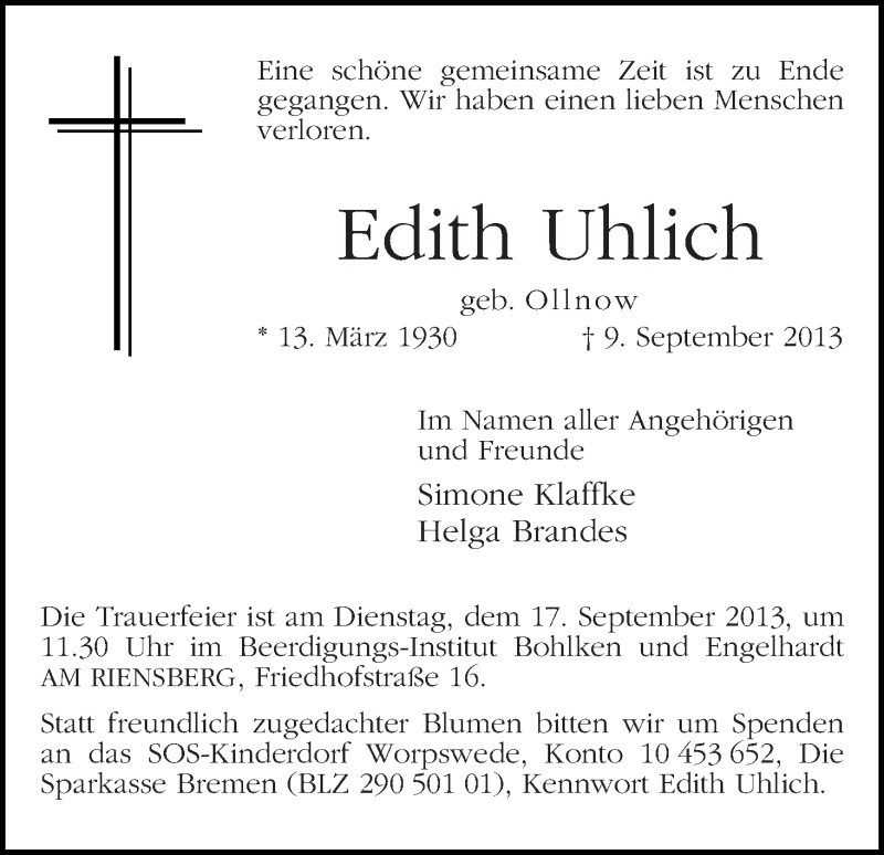 Traueranzeige von Edith Uhlich von WESER-KURIER