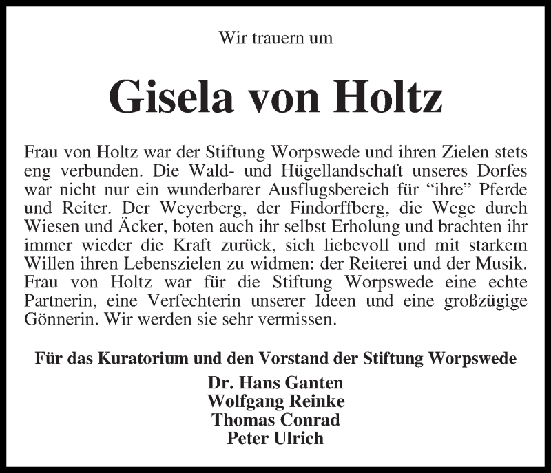 Traueranzeige von Gisela von Holtz von WESER-KURIER